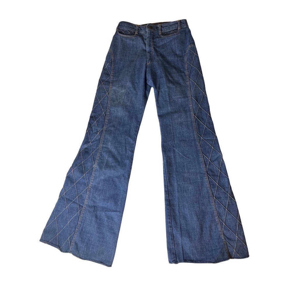 Vintage 70s Windowpane Bell Bottom‎ Jeans Long med wash Mid rise